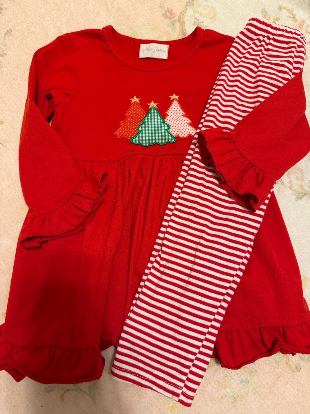 Red Holiday Kids Matching Set with Striped Leggings